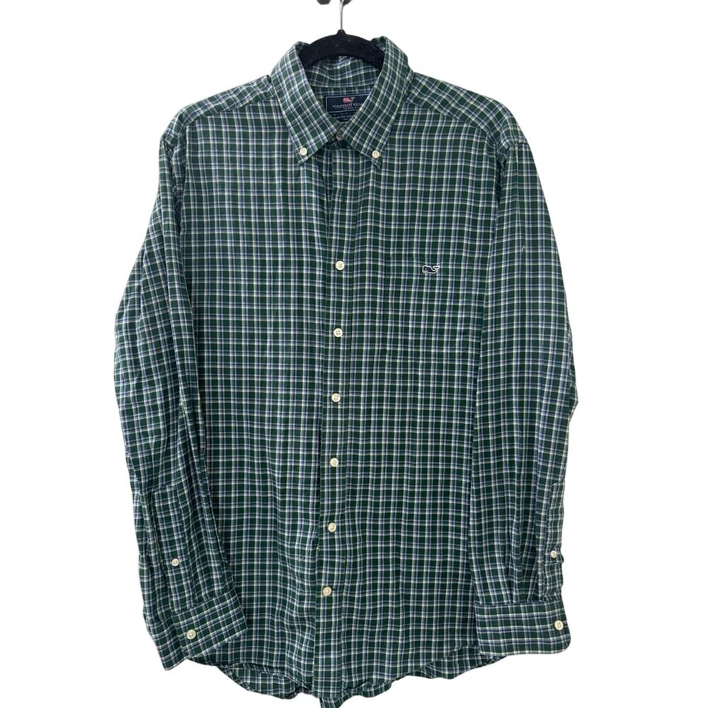 Vineyard Vines Blue Green Plaid Whale Logo Button Down Shirt Tucker L Preppy EUC